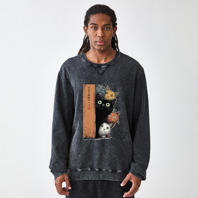 Tokyo-Tiger Five Cats Are Watching You Washed Terry Sweatshirt