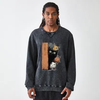 Tokyo-Tiger Five Cats Are Watching You Washed Terry Sweatshirt