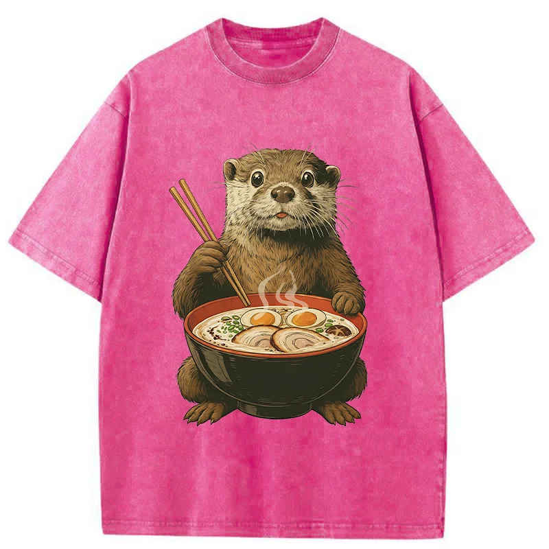 Tokyo-Tiger Otter Eating Ramen Washed T-Shirt