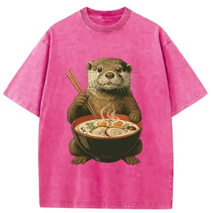 Tokyo-Tiger Otter Eating Ramen Washed T-Shirt