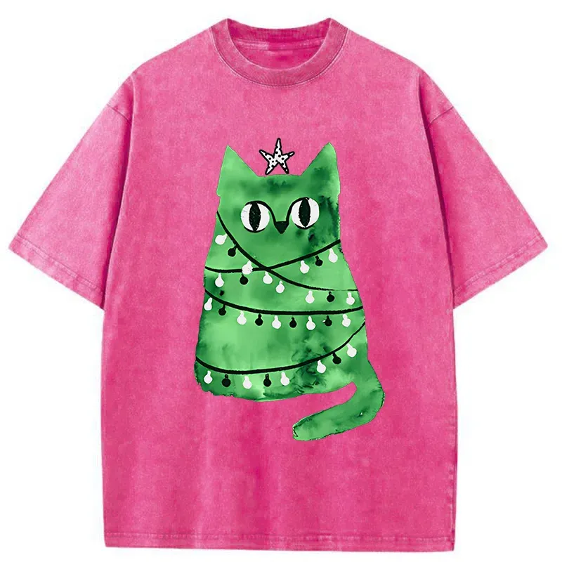 Tokyo-Tiger Christmas Tree Green Cat Washed T-Shirt
