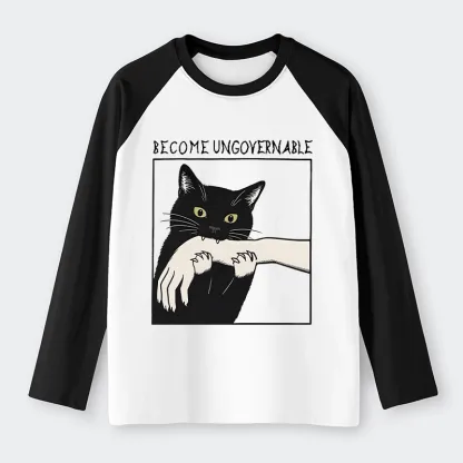 Tokyo-Tiger Black Cat Biting Raglan Long Sleeve T-shirt