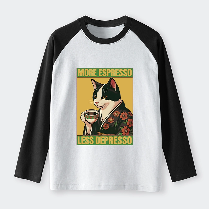 Tokyo-Tiger Tuxedo Cat Drinking Coffee Raglan Long Sleeve T-shirt