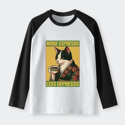 Tokyo-Tiger Tuxedo Cat Drinking Coffee Raglan Long Sleeve T-shirt