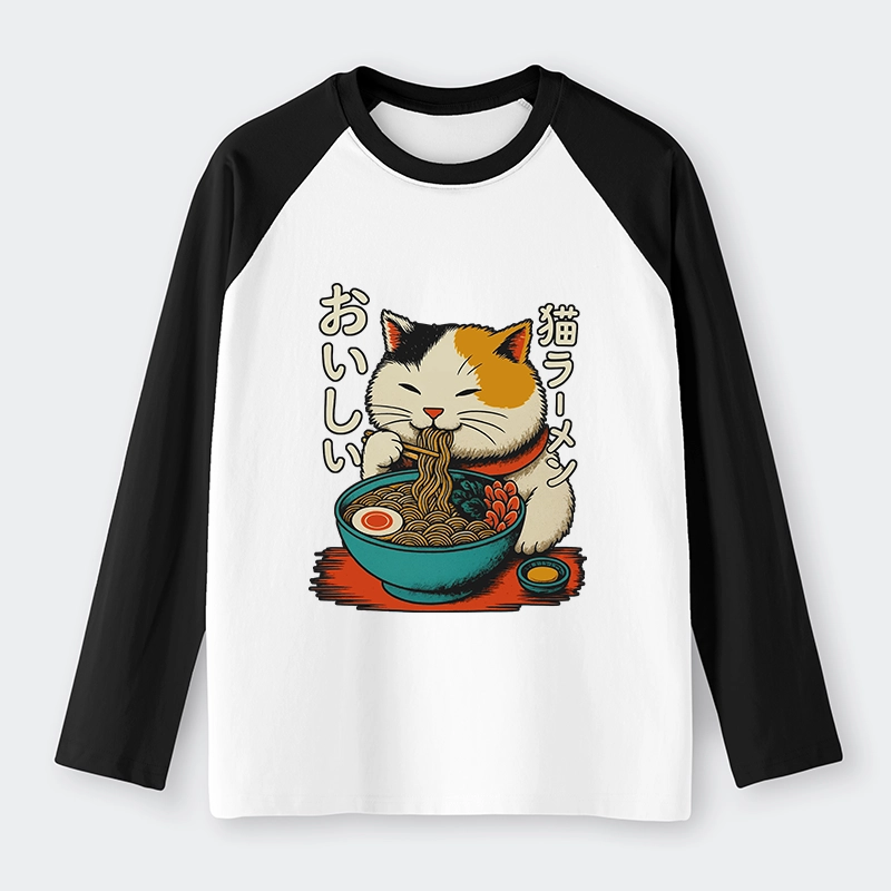 Tokyo-Tiger Cute Eat Eating Japanese Ramen Raglan Long Sleeve T-shirt