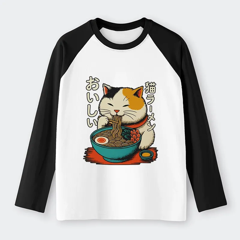 Tokyo-Tiger Cute Eat Eating Japanese Ramen Raglan Long Sleeve T-shirt