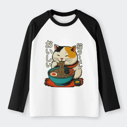 Tokyo-Tiger Cute Eat Eating Japanese Ramen Raglan Long Sleeve T-shirt