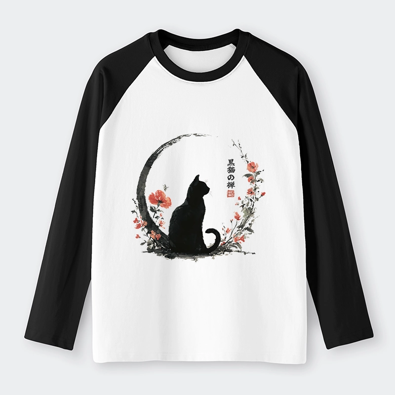 Tokyo-Tiger Black Cat And Flowers Raglan Long Sleeve T-shirt