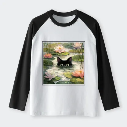 Tokyo-Tiger Black Cat and Lotus Flower Raglan Long Sleeve T-shirt