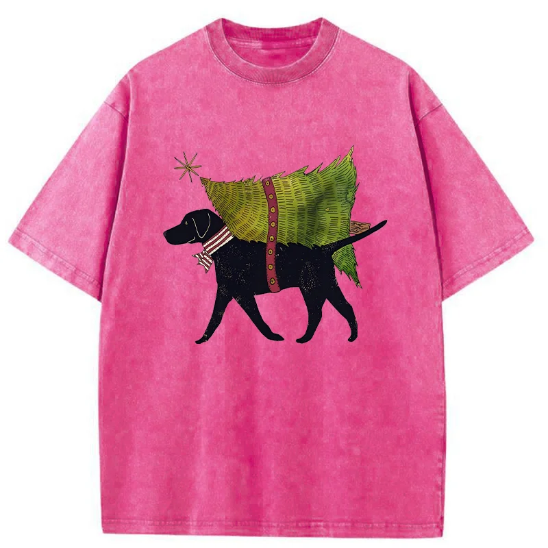 Tokyo-Tiger Dog Carrying Christmas Tree Washed T-Shirt