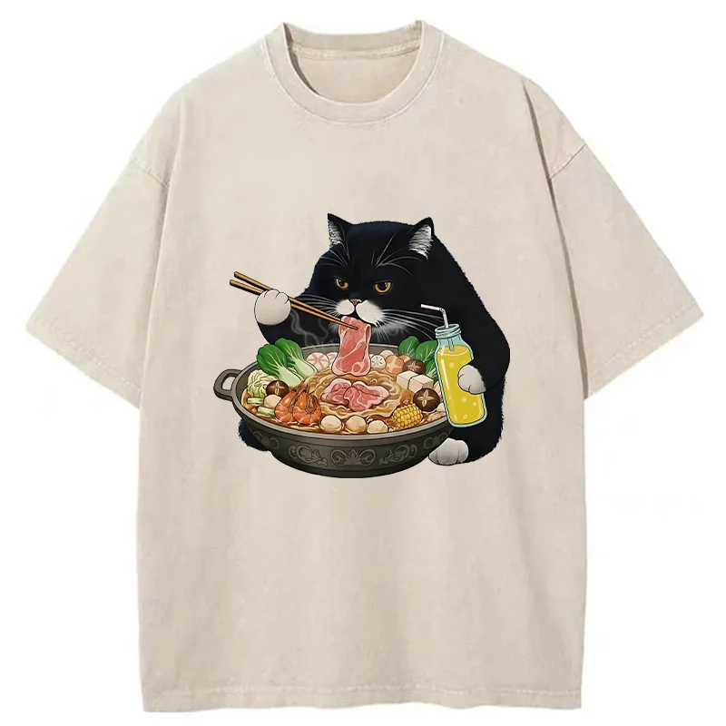Tokyo-Tiger Black Cat Eating Hot Pot Washed T-Shirt