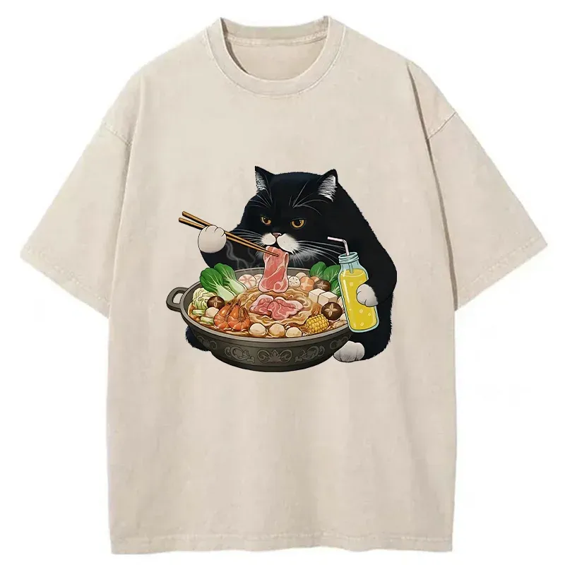 Tokyo-Tiger Black Cat Eating Hot Pot Washed T-Shirt Sale