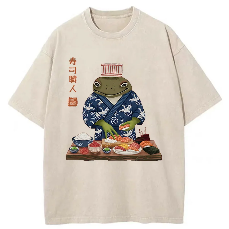 Tokyo-Tiger Frog Sushi Chef Washed T-Shirt