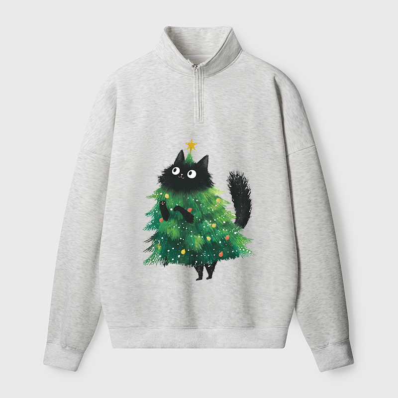 Tokyo-Tiger Christmas Tree Cat Japan Half Zip Fleece Sweatshirt