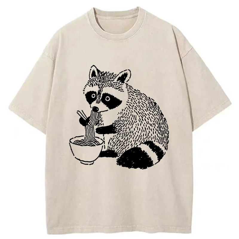 Tokyo-Tiger Cute Raccoon Eating Ramen Washed T-Shirt