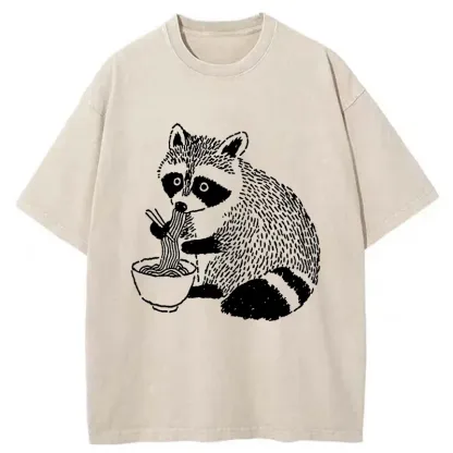 Tokyo-Tiger Cute Raccoon Eating Ramen Washed T-Shirt