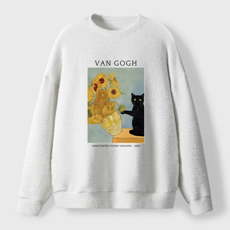 Tokyo-Tiger Black Cat With Sunflowers Fuzzy Sweatshirt