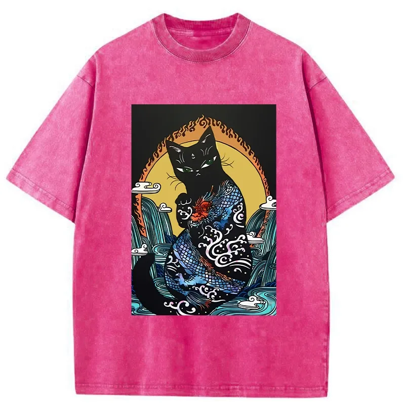 Tokyo-Tiger Black Cat With Dragon Pattern Washed T-Shirt