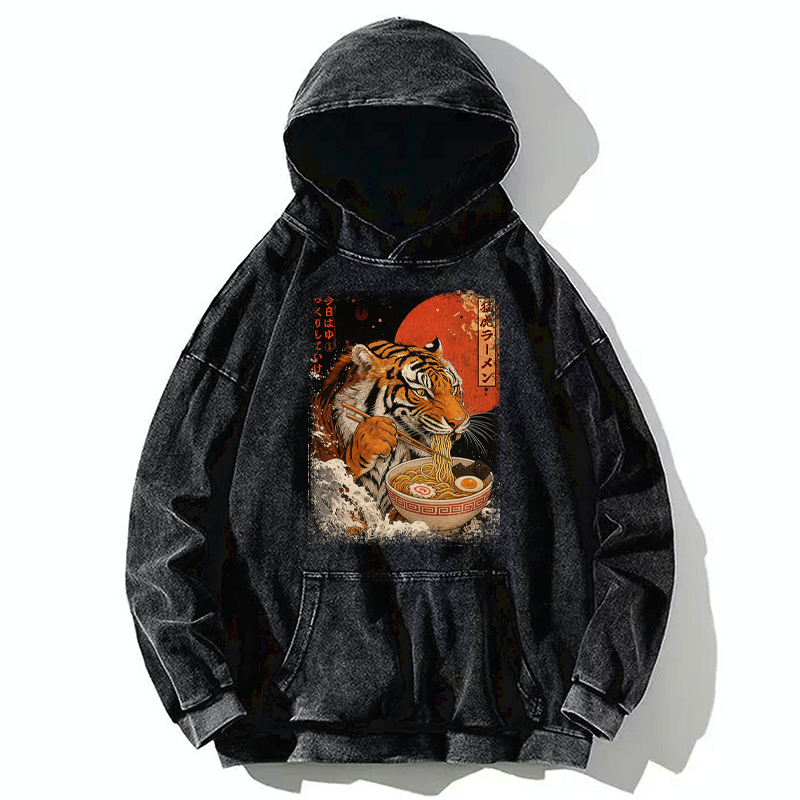 Tokyo-Tiger Ukiyoe Japan Tiger Eating Ramen Washed Hoodie