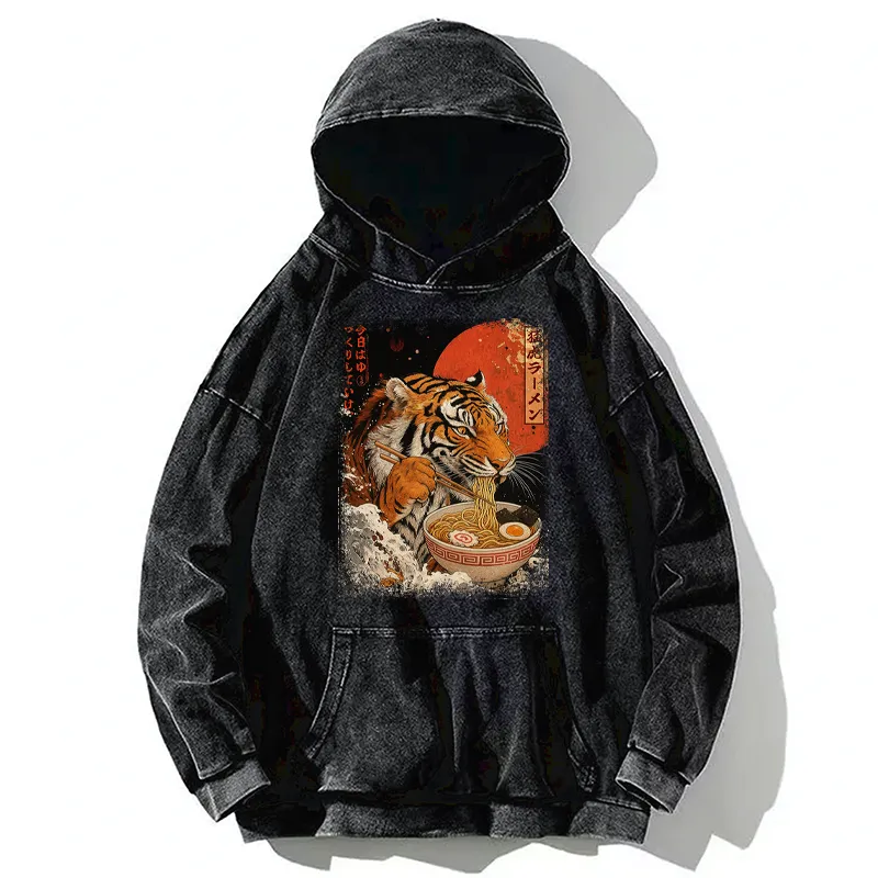 Tokyo-Tiger Ukiyoe Japan Tiger Eating Ramen Washed Hoodie