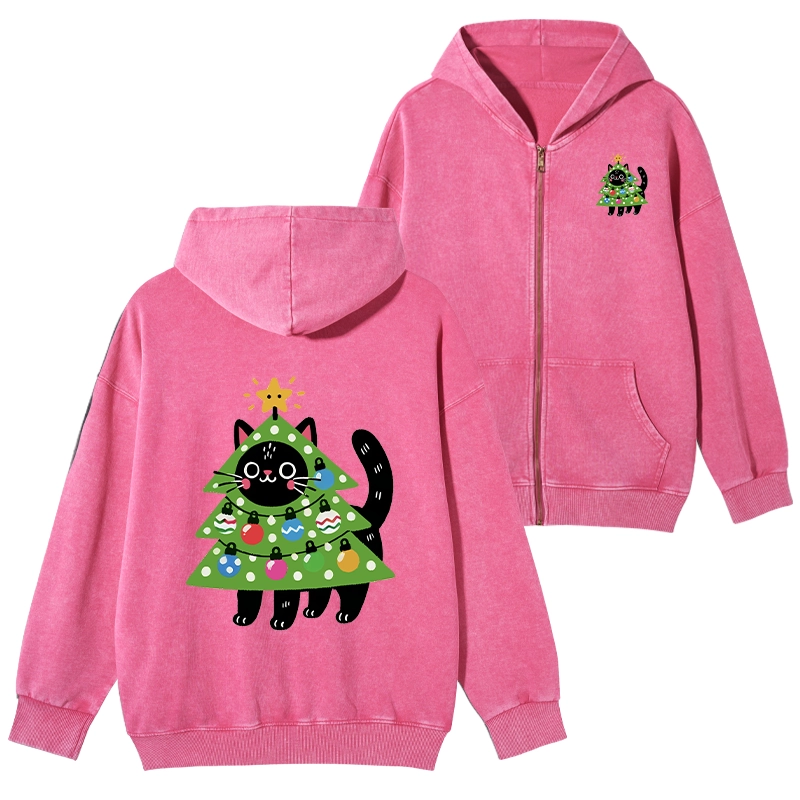 Tokyo-Tiger Christmas Tree Cat Washed Zip Hoodie