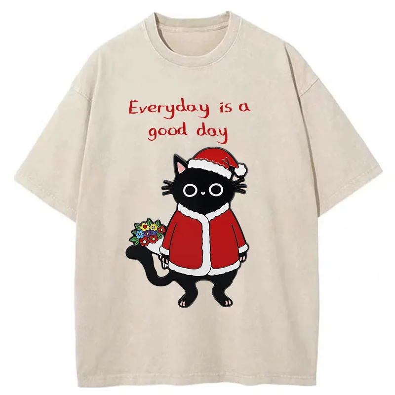 Tokyo-Tiger Christmas Cat Brings You Flowers Washed T-Shirt