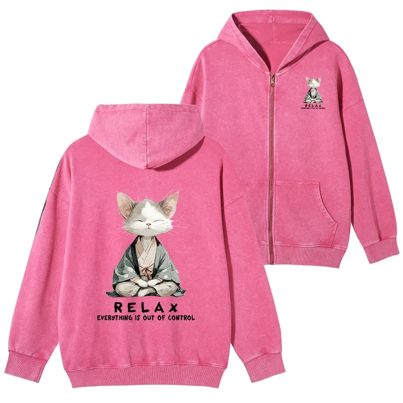 Tokyo-Tiger Zen Cat Relaxation，Everything's Out Of Control Washed Zip Hoodie Sale