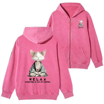 Tokyo-Tiger Zen Cat Relaxation，Everything's Out Of Control Washed Zip Hoodie