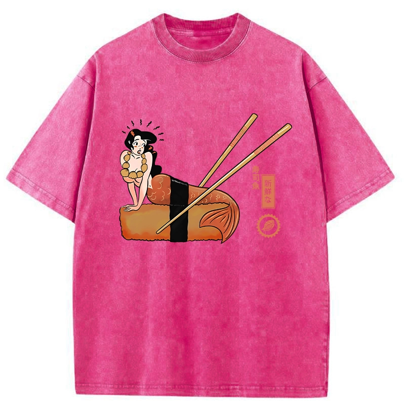 Tokyo-Tiger Funny Sushi Mermaid Washed T-Shirt