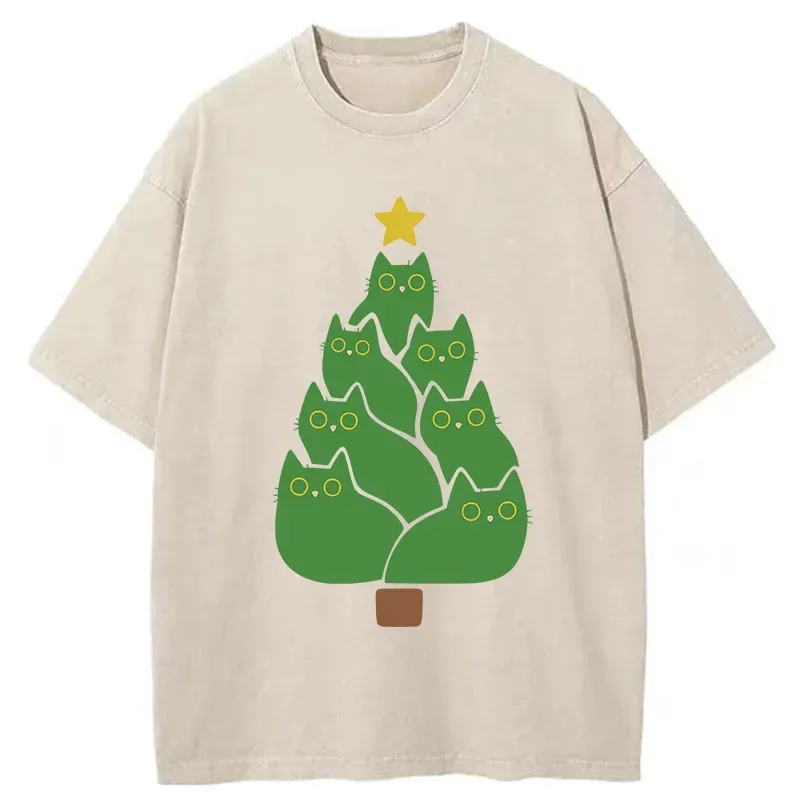 Tokyo-Tiger Christmas Tree Cat Washed T-Shirt Sale