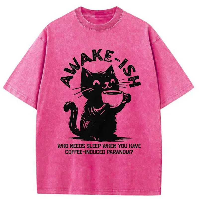 Tokyo-Tiger Staying Awake Because Of Coffee Washed T-Shirt