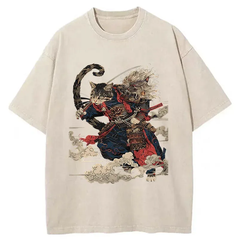 Tokyo-Tiger Gorgeous Samurai Cat Washed T-Shirt Sale