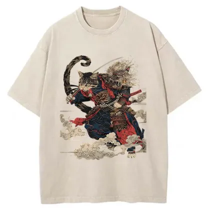 Tokyo-Tiger Gorgeous Samurai Cat Washed T-Shirt