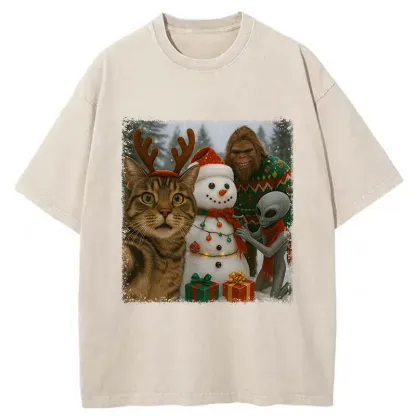 Tokyo-Tiger Christmas Cat Selfie Funny Washed T-Shirt