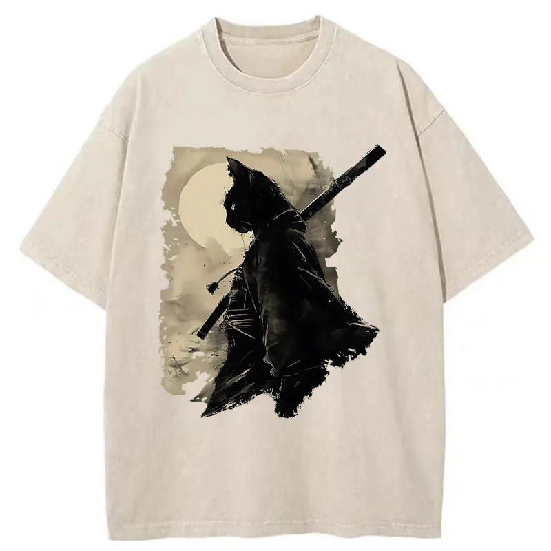 Tokyo-Tiger Under The Moon Cat Samurai Washed T-Shirt