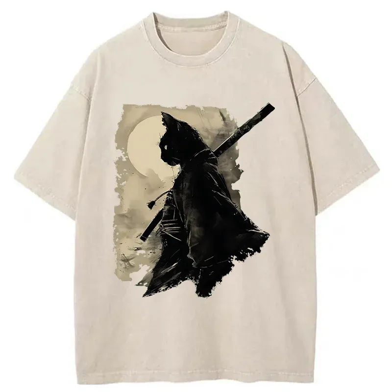 Tokyo-Tiger Under The Moon Cat Samurai Washed T-Shirt