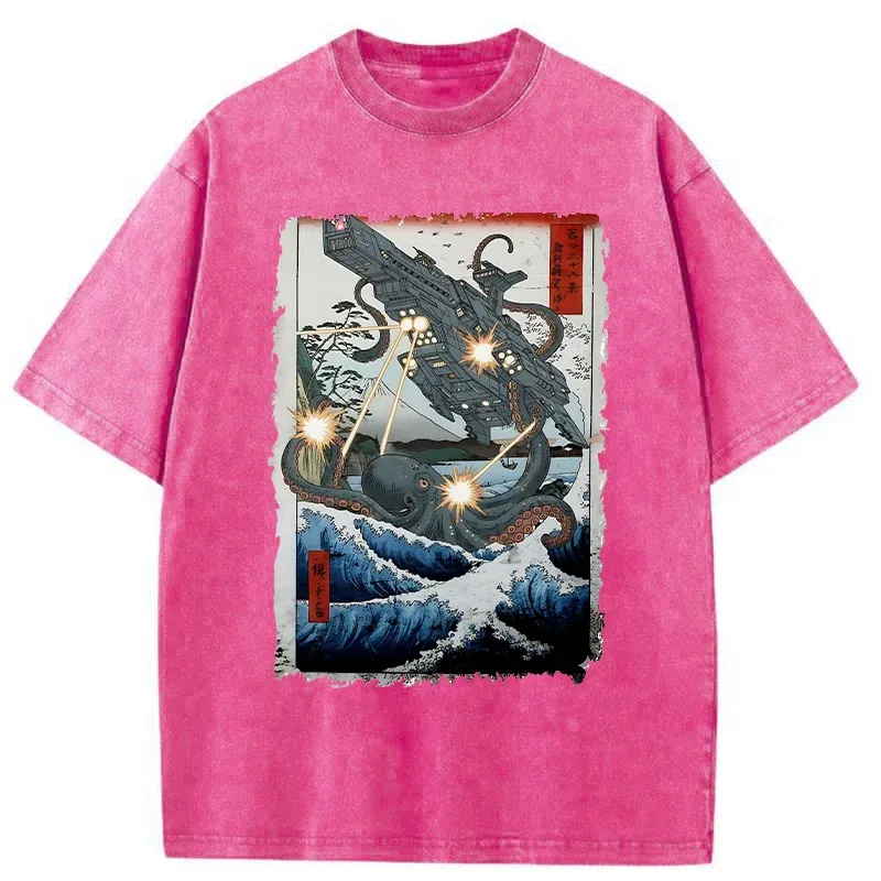 Tokyo-Tiger Octopus VS Spaceship Washed T-Shirt