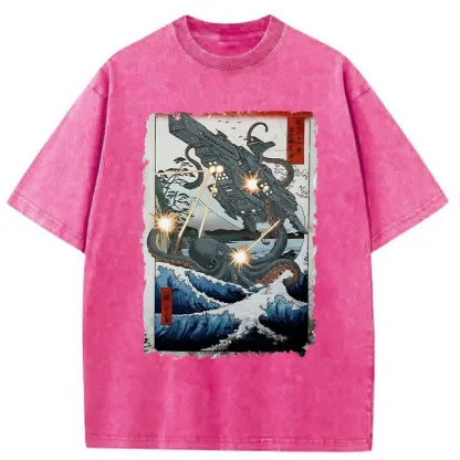 Tokyo-Tiger Octopus VS Spaceship Washed T-Shirt