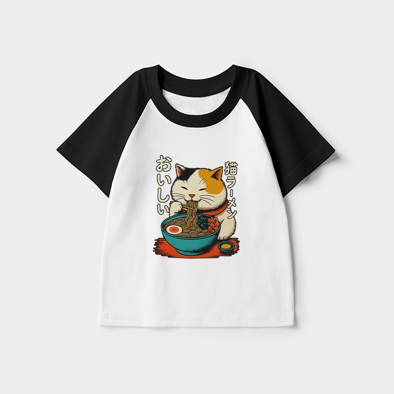 Tokyo-Tiger Cute Eat Eating Japanese Ramen Kids Raglan T-shirt