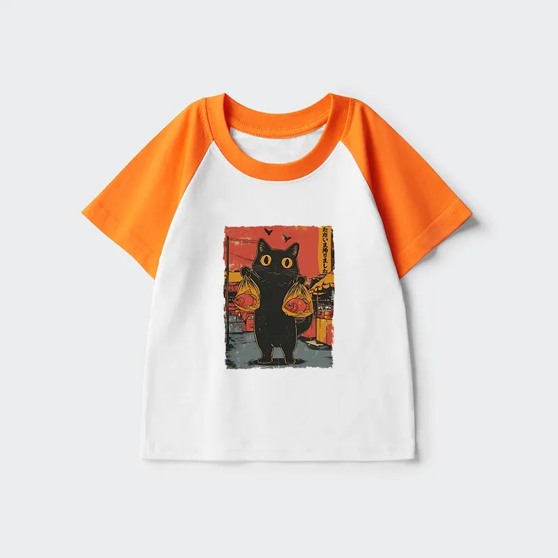 Tokyo-Tiger Cat Fishing Japanese Kids Raglan T-shirt