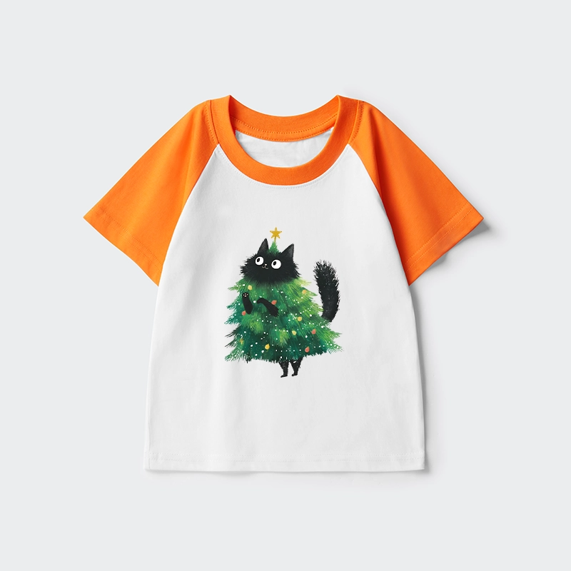 Tokyo-Tiger Christmas Tree Cat Japan Kids Raglan T-shirt