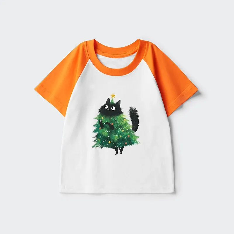 Tokyo-Tiger Christmas Tree Cat Japan Kids Raglan T-shirt