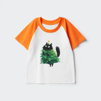 Tokyo-Tiger Christmas Tree Cat Japan Kids Raglan T-shirt