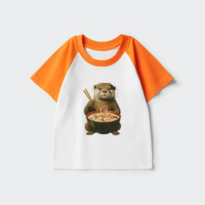 Tokyo-Tiger Japanese Otter Eating Ramen Kids Raglan T-shirt