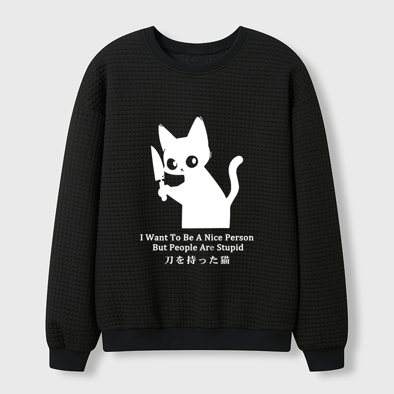 Tokyo-Tiger Black Cat With A Knife Japan Waffle Sweatshirt