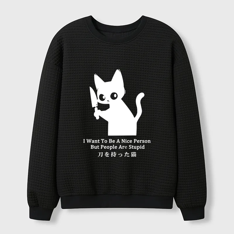 Tokyo-Tiger Black Cat With A Knife Japan Waffle Sweatshirt