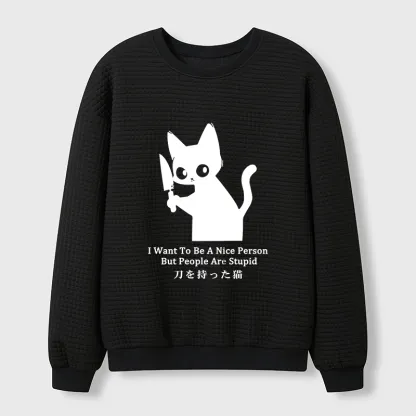Tokyo-Tiger Black Cat With A Knife Japan Waffle Sweatshirt