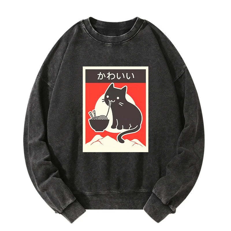 Tokyo-Tiger "Kawaii" Vintage Style Japenese Ramen Cat Washed Sweatshirt-tokyo-tiger
