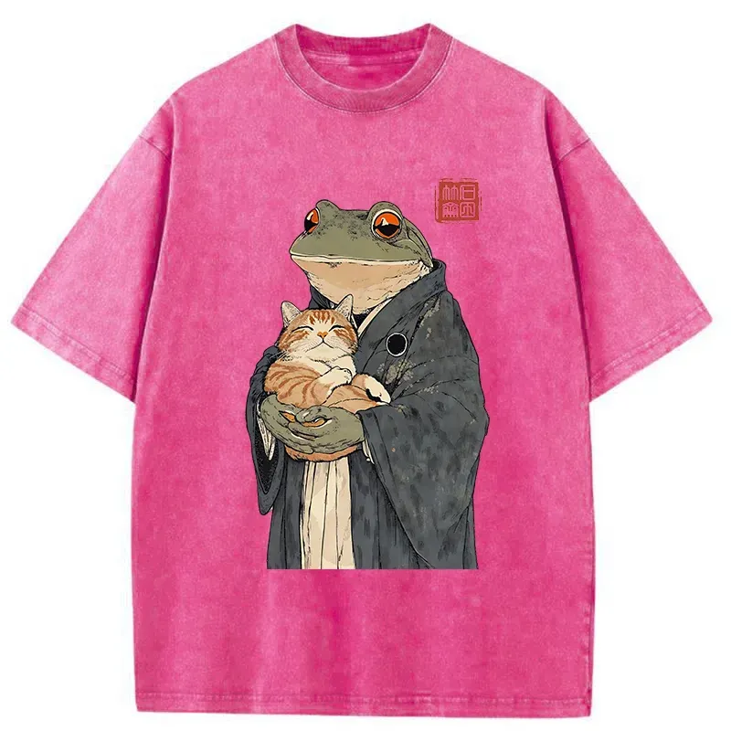 Tokyo-Tiger A Frog Holding A Cat Washed T-Shirt