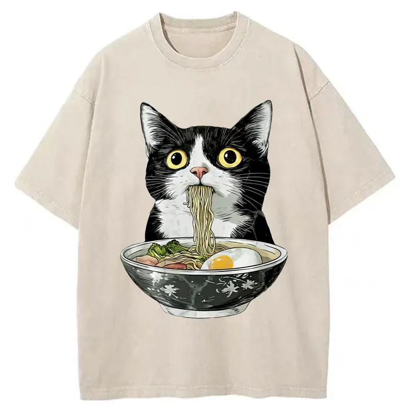 Tokyo-Tiger Cute Cat Eating Japan Ramen Washed T-Shirt